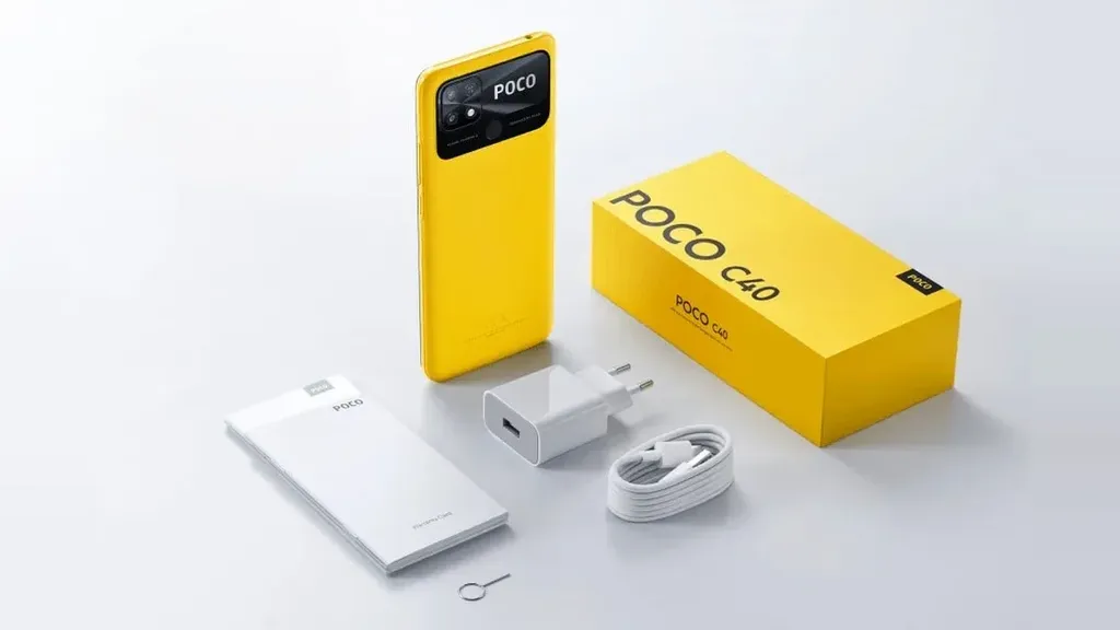 Poco C40 acompanha carregador de apenas 10 W e oferece bateria de 6.000 mAh (Imagem: Divulgação/Poco)