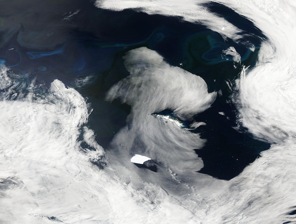 O iceberg A23a se aproximando da ilha britânica da Geórgia do Sul, no oceano Atlântico (Imagem: NASA Modis) 