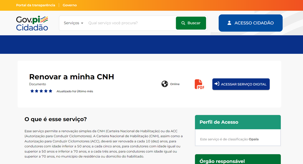 No site Gov.pi Cidadão, é possível renovar sua habilitação (Imagem: Captura de tela/Fabrício Calixto/Canaltech)