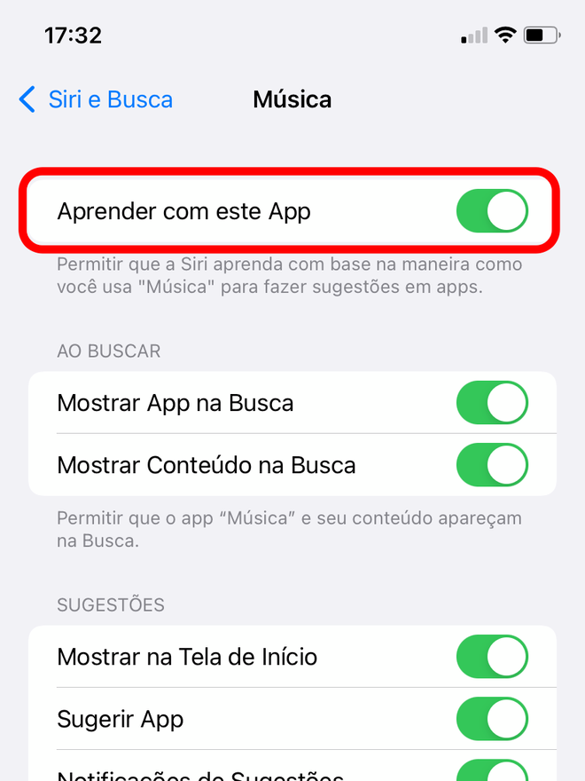 Ative esta opção para que a Siri entenda o comportamento de uso de um aplicativo no iPhone - Captura de tela: Thiago Furquim (Canaltech)