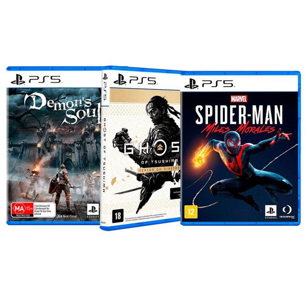 Kit Jogos PS5 Ghost Of Tsushima Versão do Diretor PS5, Jogo Demon´s Soul´s PS5, Jogo Marvel´s Spider-Man: Miles Morales PS5