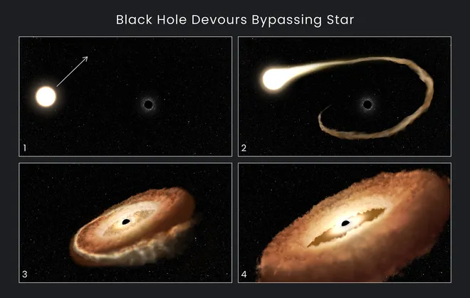 Esquema representando como um buraco negro supermassivo pode devorar uma estrela (Imagem: Reprodução/NASA, ESA, Leah Hustak (STScI))