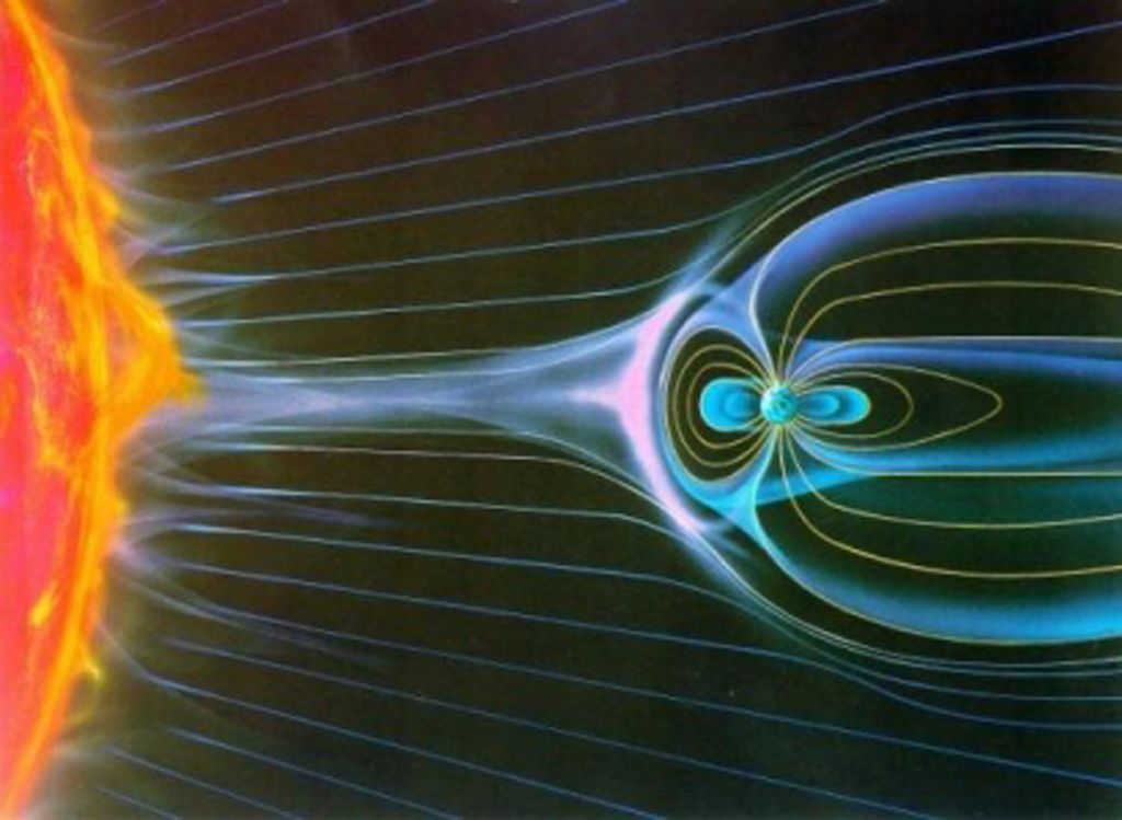 Ilustração da dinâmica do clima espacial e o campo magnético da Terra protegendo o planeta do fluxo solar (Imagem: Reprodução/NASA)