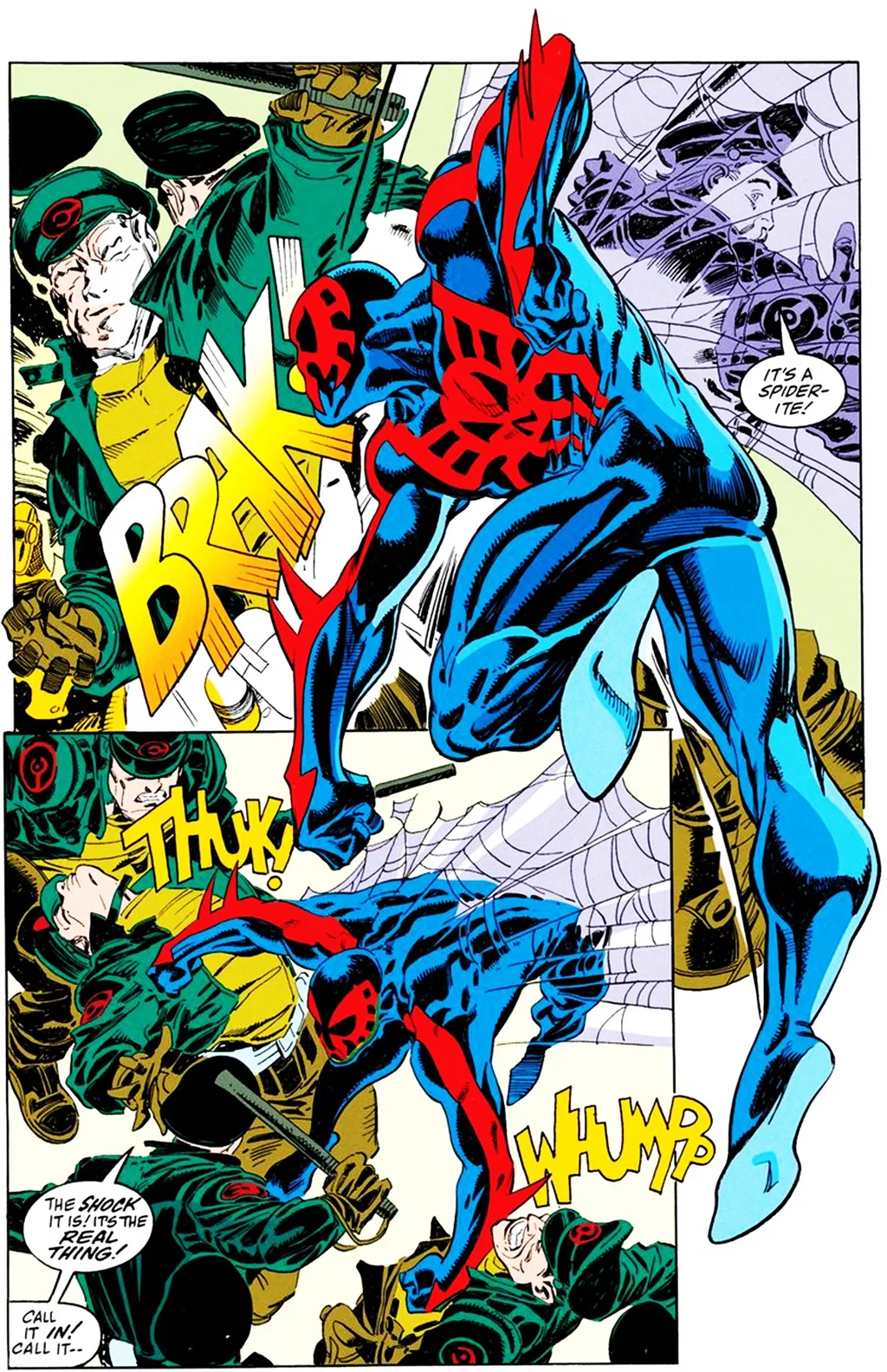 Poderes do Homem-Aranha 2099 são usados de forma mais agressiva, em um futuro distópico violento (Imagem: Reprodução/Marvel Comics)