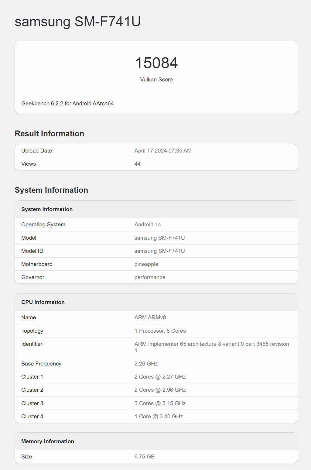 Galaxy Z Flip 6 em versão com Snapdragon foi encontrada no Geekbench (Imagem: Captura de tela/Geekbench Browser)