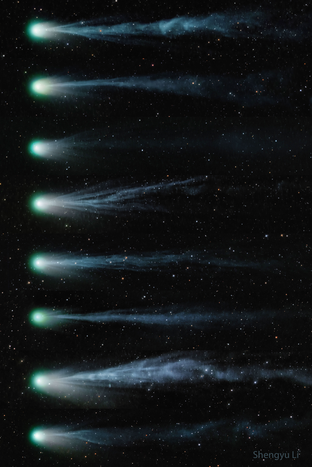 Mudanças na cauda do cometa 12P (Imagem: Reprodução/Shengyu Li & Shaining)