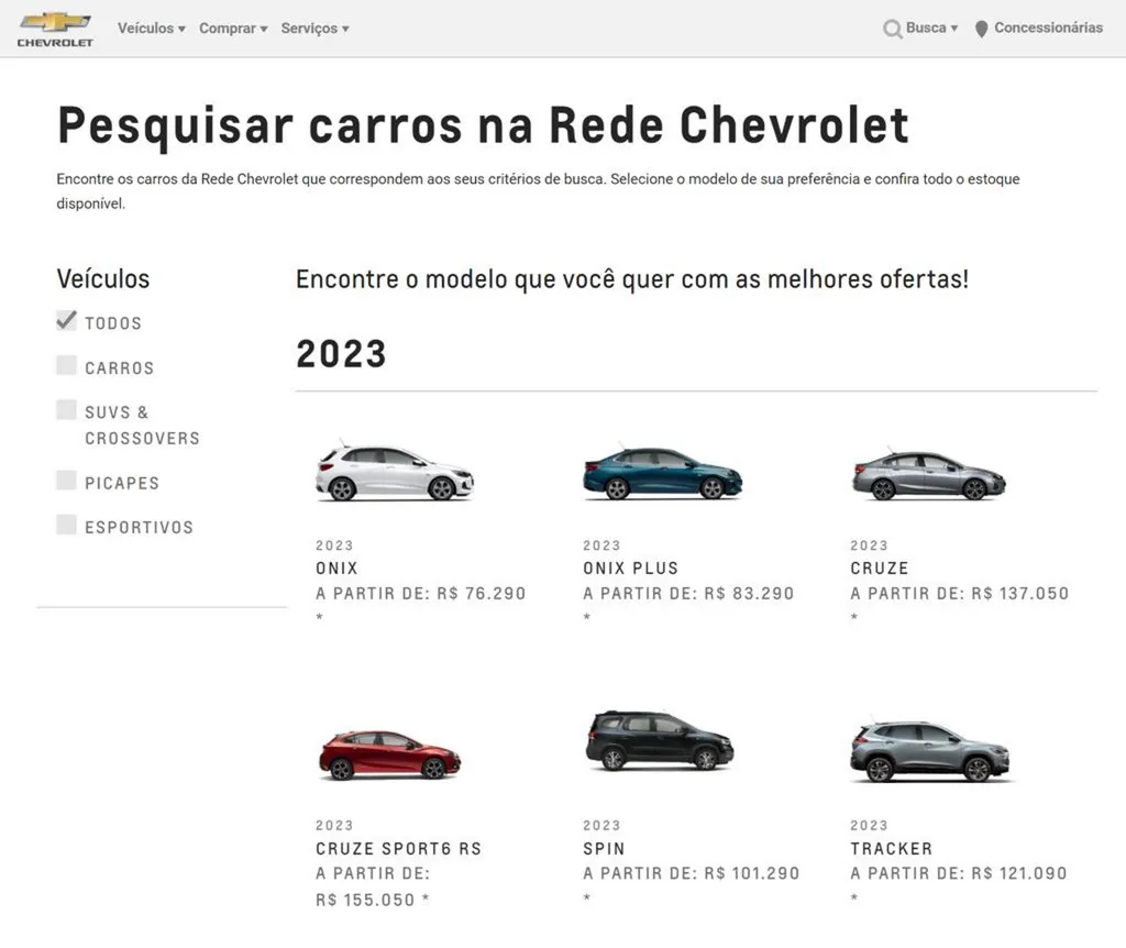 Tela inicial do Chevrolet Marketplace. Marca também vai mudar o layout do site oficial (Imagem: Divulgação/Chevrolet)