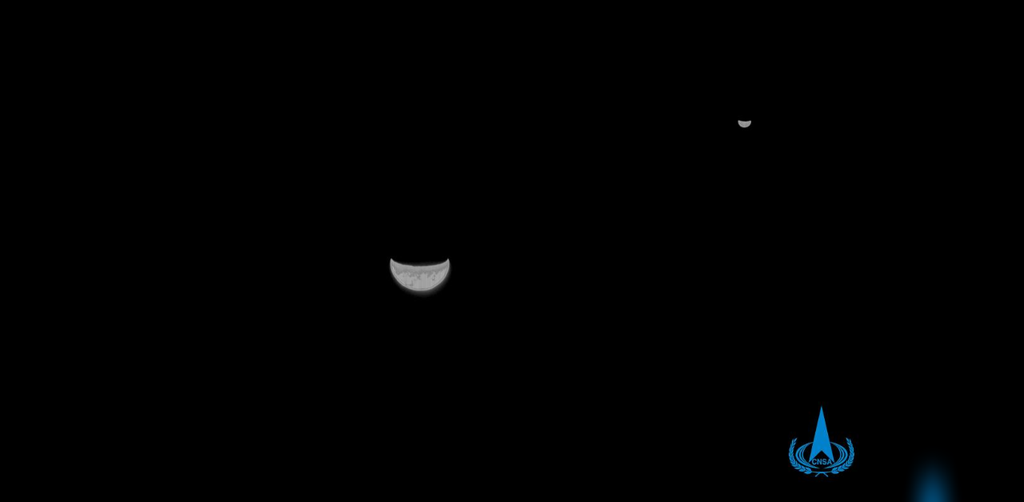 Lua e Terra fotografadas pela sonda Tianwen-1 (Imagem: China National Space Administration)
