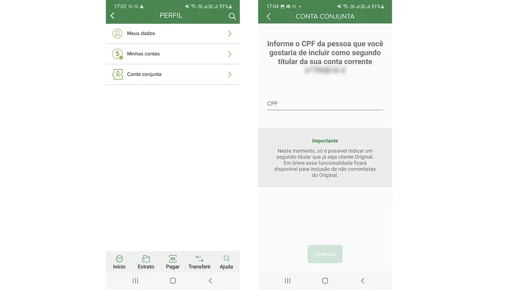 A opção aparece no menu "Perfil" dos usuários do Banco Original (Imagem: Captura de tela/Alveni Lisboa/Canaltech)