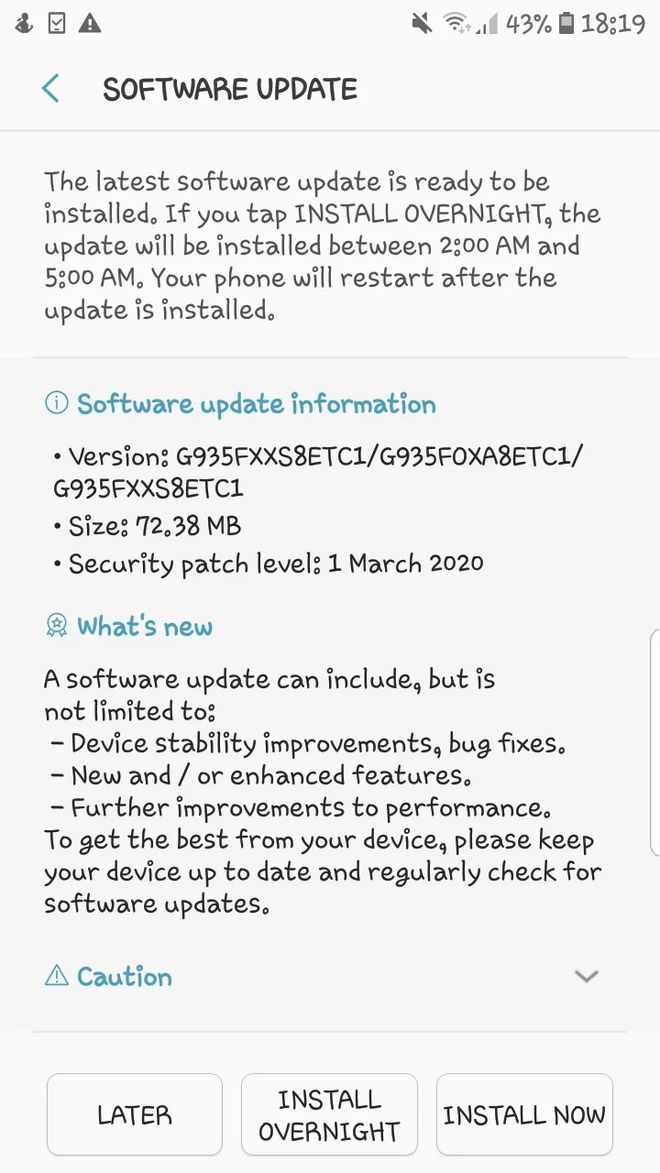 Tela do que deve ser o último update programado do Galaxy S7 (Foto: Reprodução/SamMobile)
