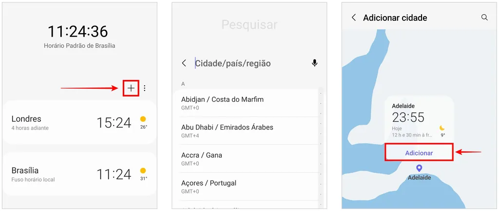 App Relógio, no Android, tem opção para pesquisar fusos horários de outros países (Captura de tela: Caio Carvalho)