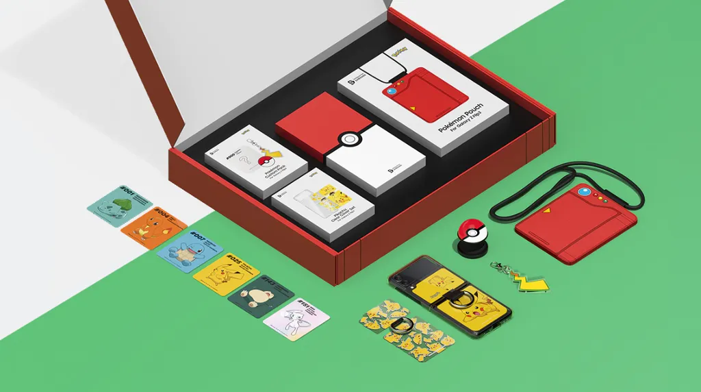O Galaxy Z Flip 3 Pokémon Edition apresenta vários itens colecionaveis exclusivos para os fãs da franquia (Imagem: Divulgação/Samsung)