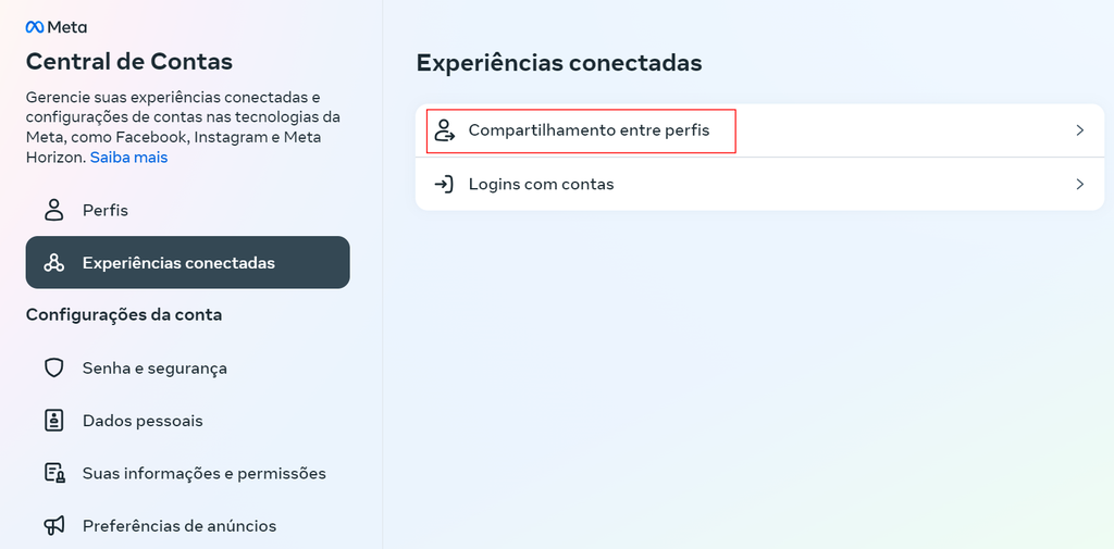 Também é possível acessar a Central de Contas da Meta pelas redes sociais da companhia no navegador (Imagem: Captura de tela/Guilherme Haas/Canaltech)