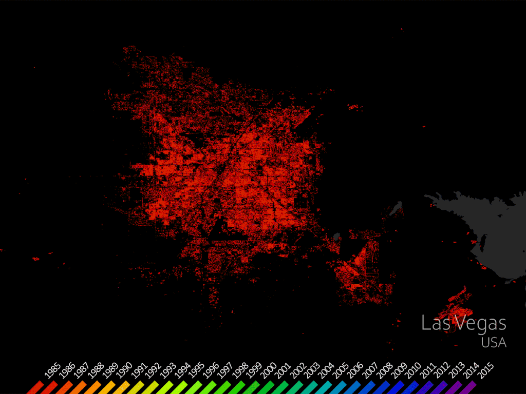 Animação mostra o aumento da urbanização em Las Vegas entre 1985 e 2015 (Imagem: Reprodução/ESA/DLR)