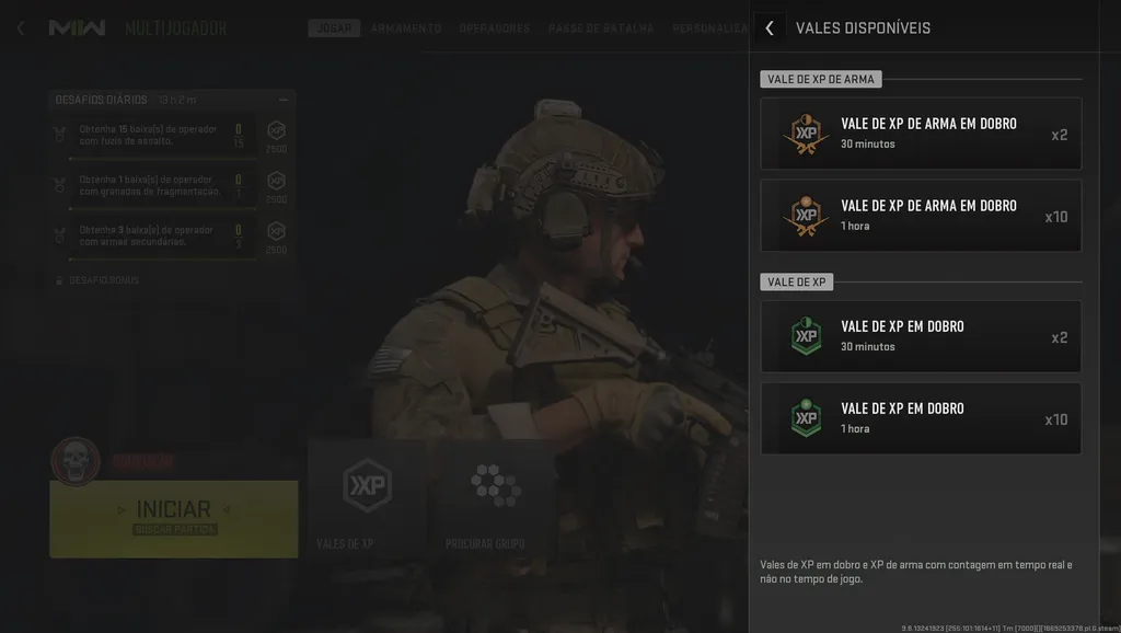 Os vales de XP podem dar pontos de experiência em dobro para armas e personagem (Imagem: Captura de tela/Alveni Lisboa/Canaltech)