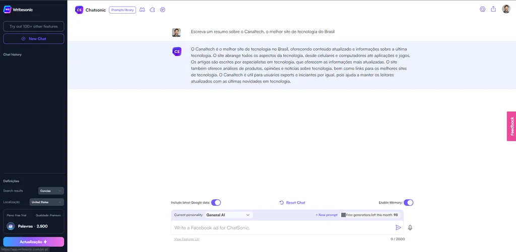 O Chatsonic usa informações do Google para produzir respostas humanizadas (Imagem: Alveni Lisboa/Canaltech)
