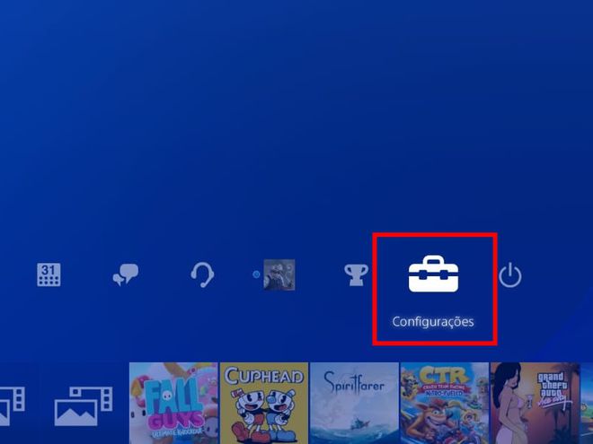 Na tela inicial do PlayStation 4, acesse o menu superior e selecione o item "Configurações" (Captura de tela: Matheus Bigogno)