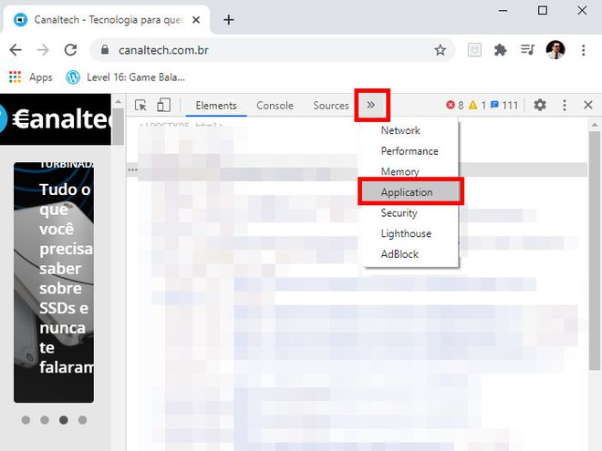 No menu superior, clique no ícone de "Duas setas para a direita" e selecione o item "Application" (Captura de tela: Matheus Bigogno)