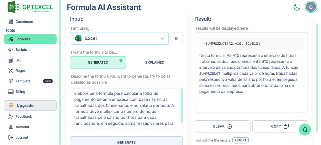 GPTExcel é uma assistente de IA para criar fórmulas para Excel, Google Planilhas ou Airtable (Imagem: Captura de tela/Guilherme Haas/Canaltech)