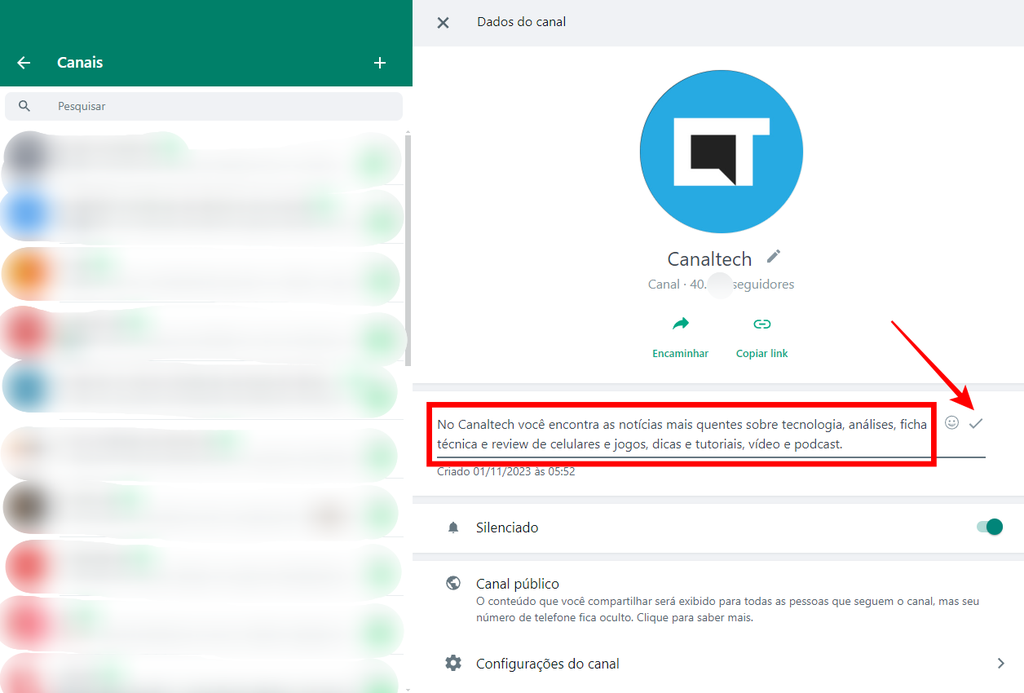 Como mudar a descrição de uma canal na versão web ou desktop do WhatsApp (Imagem: Captura de tela/Fabrício Calixto/Canaltech)