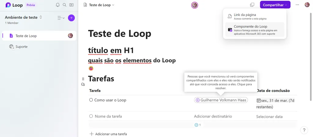 Exemplo de página no Microsoft Loop (Imagem: Captura de tela/Guilherme Haas/Canaltech)