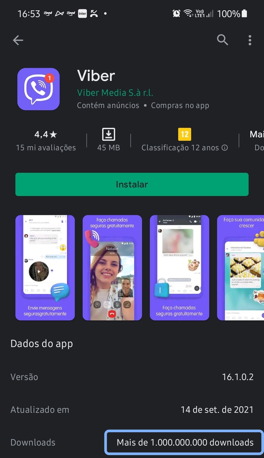 Viber superou os 1 bilhão de downloads antes do mensageiro alternativo favoritos dos brasileiros, o Telegram (Imagem: Reprodução/Play Store)