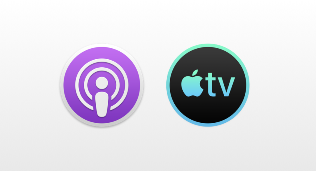 Logotipos dos novos apps do MacOS, destinados, respectivamente, a podcasts e streaming de séries e filmes