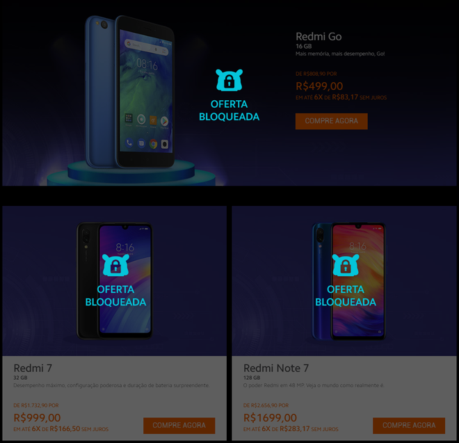 Aparelhos em oferta relâmpago da Xiaomi (Imagem: Reprodução)