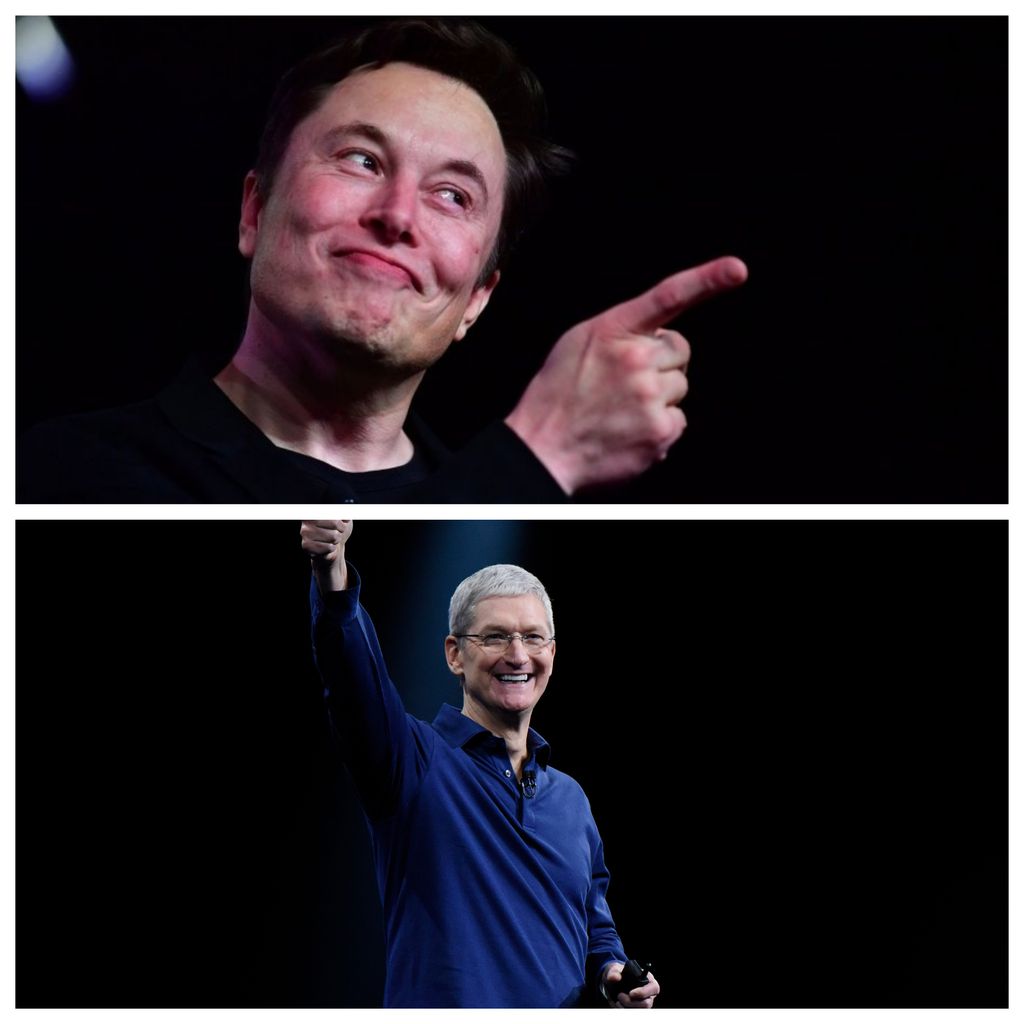 Elon Musk (acima) e Tim Cook (abaixo) teriam conversado sobre uma possível aquisição da Tesla pela Apple, em 2013, mas, como sabemos, os planos não foram para frente (Montagem: Rafael Arbulu)