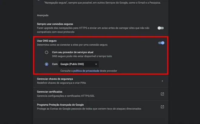 Mudar o DNS do navegador pode aumentar a velocidade de download do Chrome (Captura de tela: Caio Carvalho)