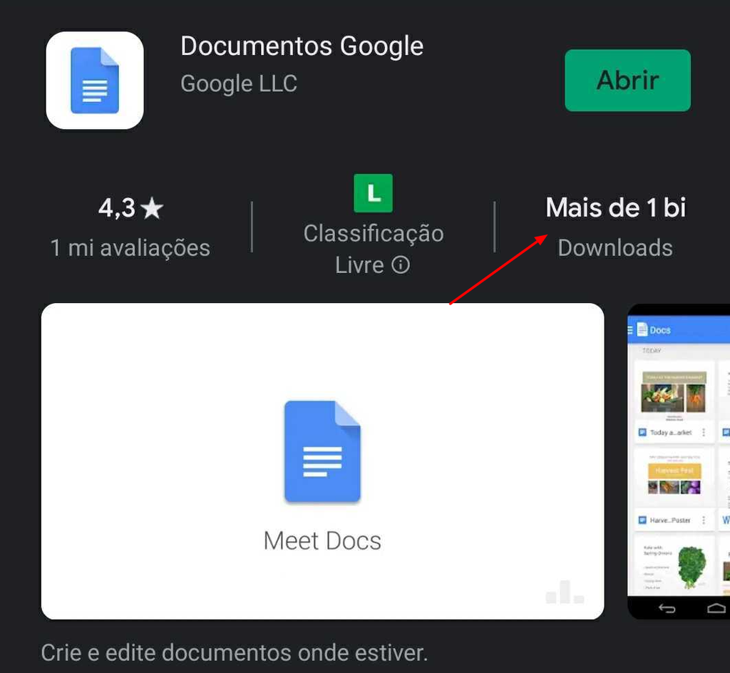 Dados da Play Store sobre o Google Docs (Foto: Diego Sousa/Canaltech)