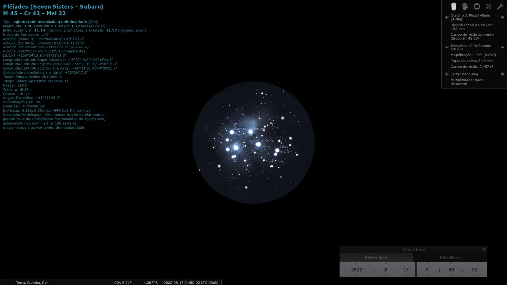 Simulação de observação das Plêiades com as configurações padrão de telescópios "genéricos" do Stellarium (Imagem: Reprodução/Stellarium)