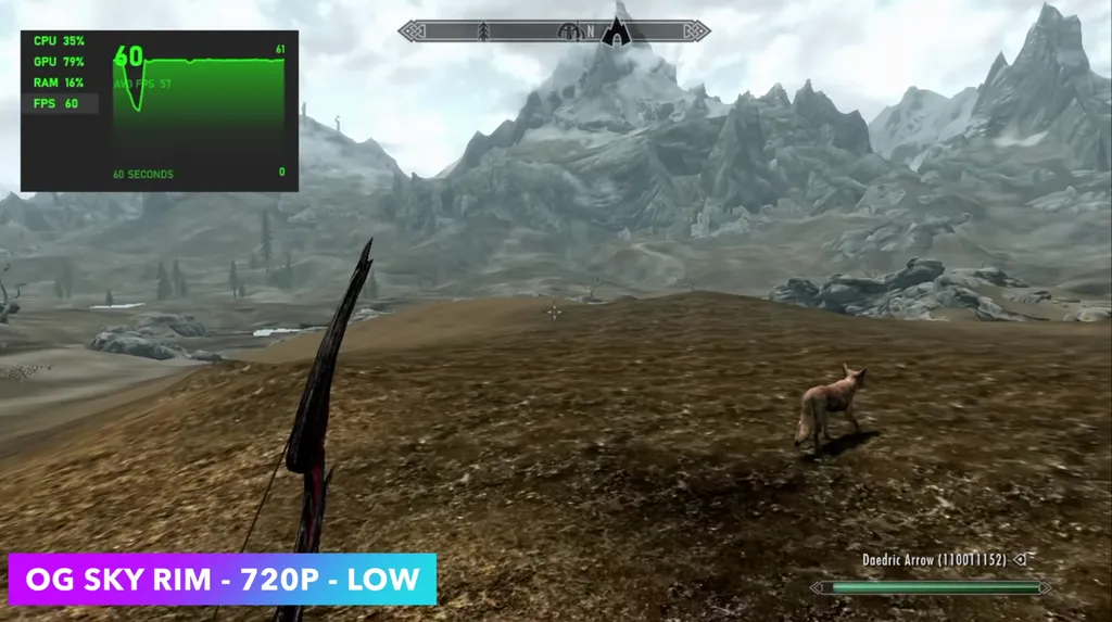 Jogos como The Elder Scrolls V: Skyrim conseguem rodar sem dificuldades no N100, cujo maior destaque é na emulação de consoles como GameCube e PS2 (Imagem: ETA Prime/YouTube)
