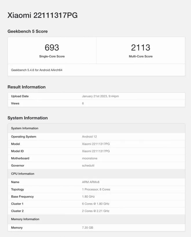 Poco X5 chegará como versão renomeada do Redmi Note 12, exceto pelo processador (Imagem: Geekbench Browser)