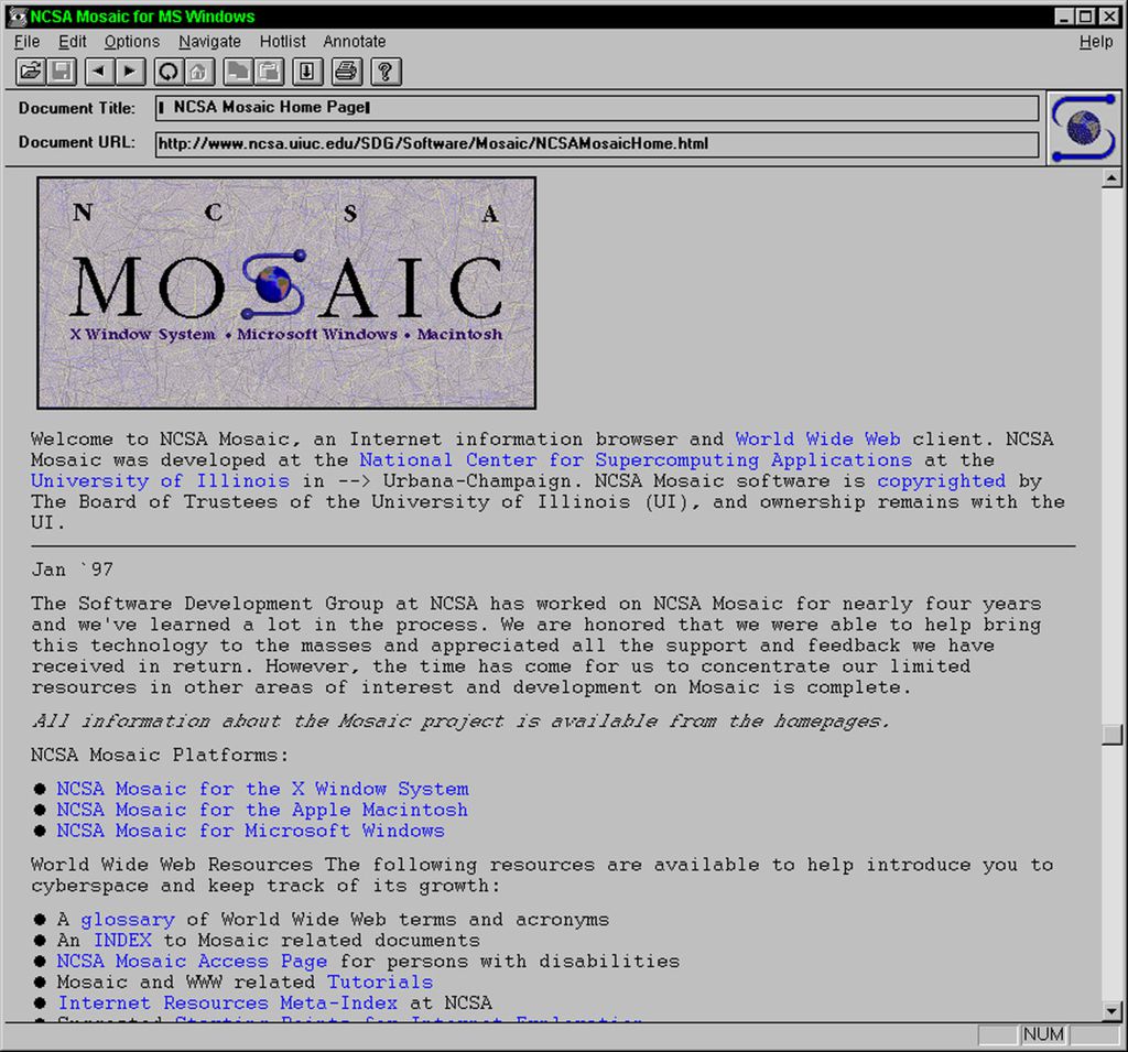 Como era a página inicial do navegador Mosaic, lançado em 1993 (Imagem: Reprodução/NCSA)