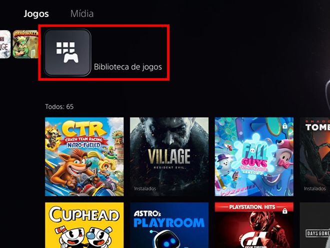 Na tela inicial do PS5, acesse o item "Biblioteca de jogos" (Captura de tela: Matheus Bigogno)