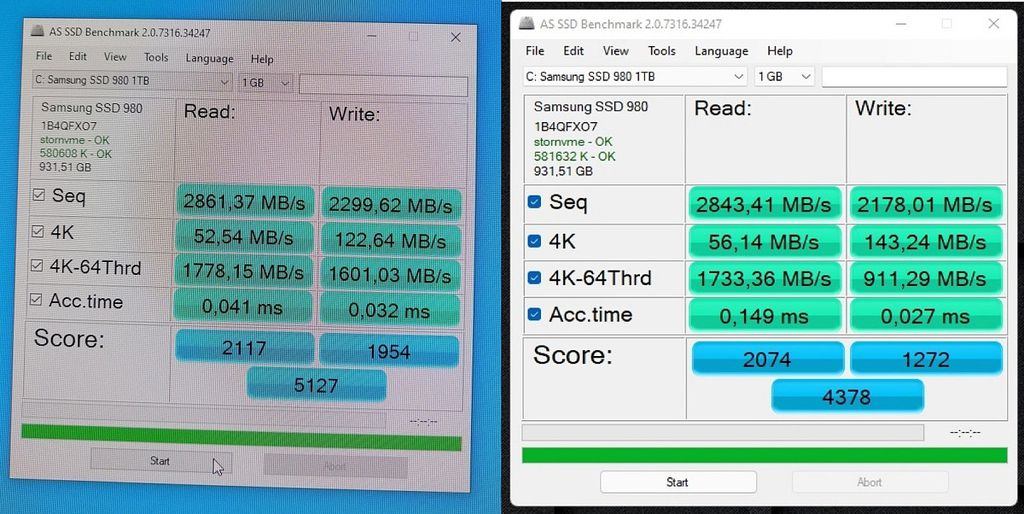 No lado direito, estão os resultados do SSD no Windows 10; no esquerdo, o mesmo dispositivo, porém no Windows 11 (Imagem: MahtiDruidi/Reddit)
