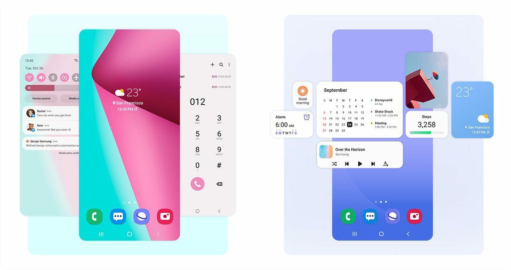 Um papel de parede rosa deve refletir em tonalidades similares nos ícones, botões e alertas da One UI 4 (Imagem: Reprodução/Samsung)