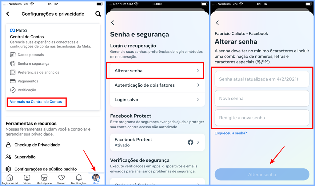 Você pode mudar a senha do Facebook com bastante facilidade pelo app para celulares (Imagem: Captura de tela/Fabrício Calixto/Canaltech)