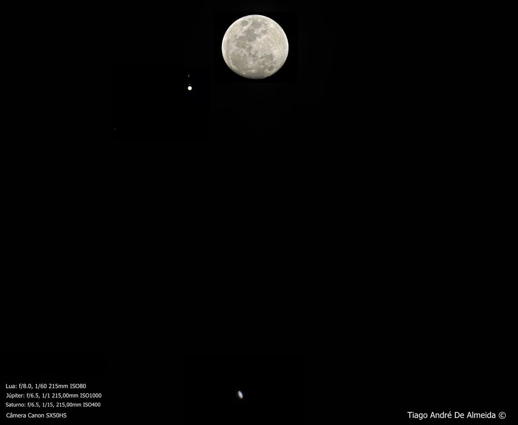 Mais um belo registro da conjunção Lua-Júpiter-Saturno (Foto: Reprodução/Tiago André De Almeida)