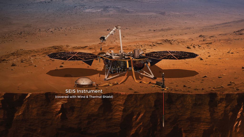 A sonda InSight junto do instrumento SEIS, seu sismógrafo(Imagem: Reprodução/NASA)