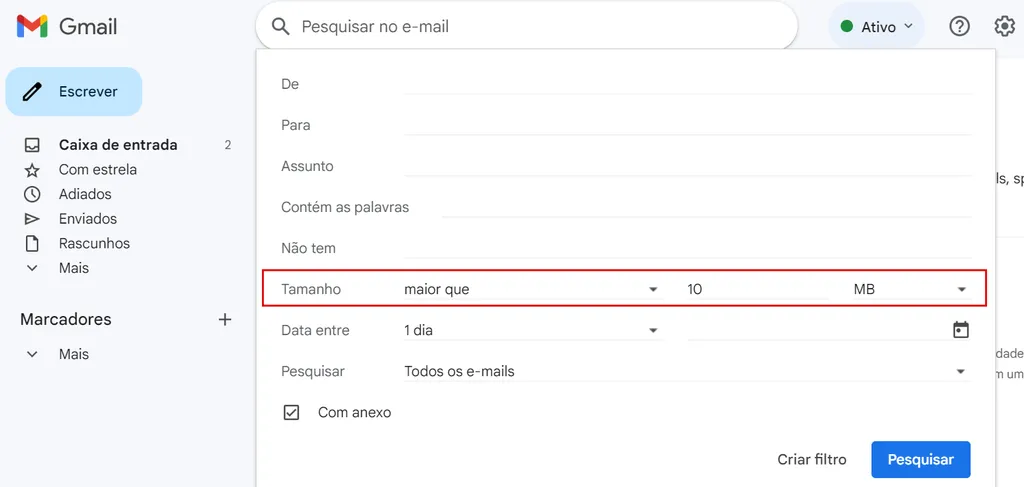 Filtre por e-mails grandes para liberar espaço mais rápido no Gmail (Imagem: Captura de tela/Guilherme Haas/Canaltech)