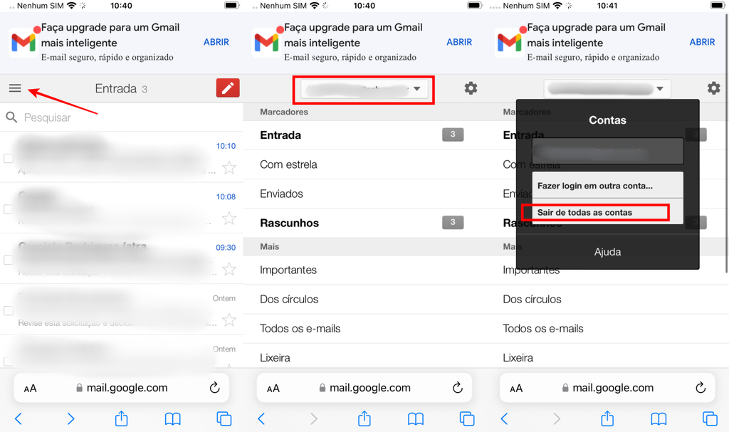 Para sair do Gmail no navegador para celular, é necessário deslogar todas as contas (Imagem: Captura de tela/Fabrício Calixto/Canaltech)