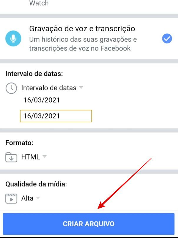 Selecione as categorias e período que deseja baixar (Imagem: Guadalupe Carniel/Captura de tela)