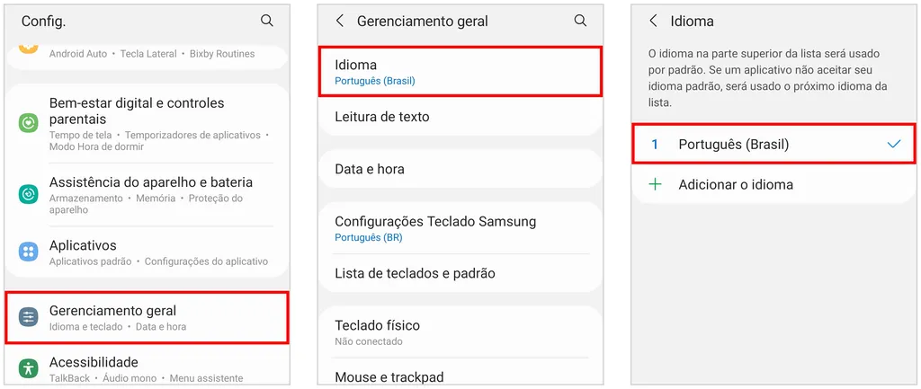 Entre nas opções de idioma do Android para colocar o Gmail em português (Captura de tela: Caio Carvalho)