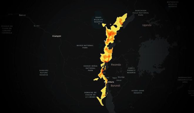  Mapa mostrando a densidade da cobertura 3G em áreas do Congo que foram afetadas por um recente surto de Ebola (Foto: Divulgação / Facebook)