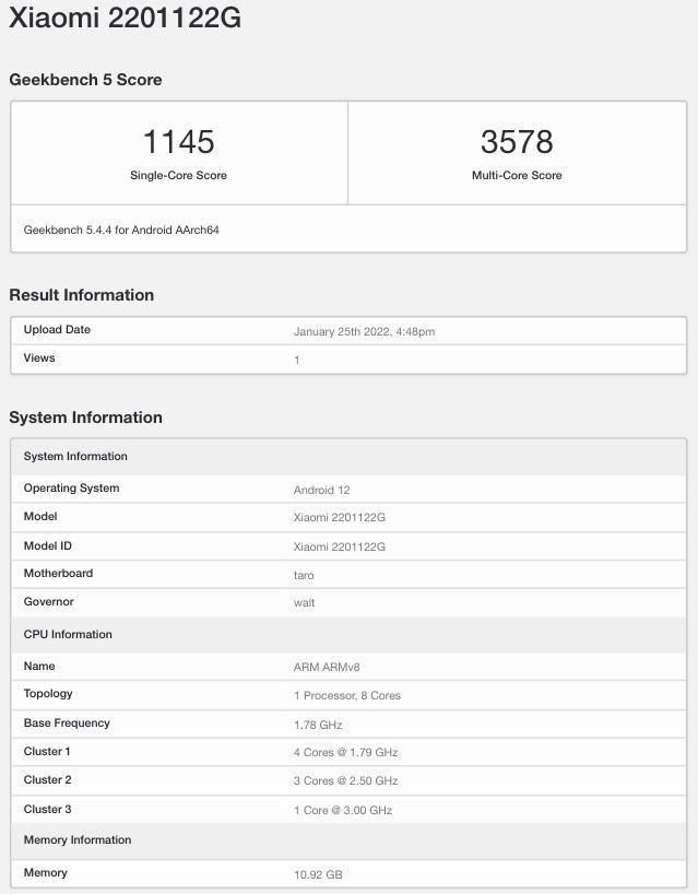 Xiaomi 12 Pro surge em versão global com 12 GB de RAM (Imagem: Reprodução/Geekbench)