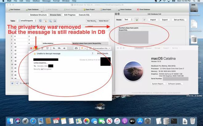 No círculo à esquerda, a mensagem criptografada pelo Apple Mail e no círculo à direita a mesma mensagem, sem criptografia, sendo acessada através do arquivo snippets.db (Imagem: Bob Gendler)