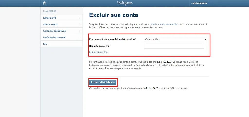 Exclua a sua conta do Instagram em um navegador de internet (Imagem: Captura de tela/Fabrício Calixto/Canaltech)