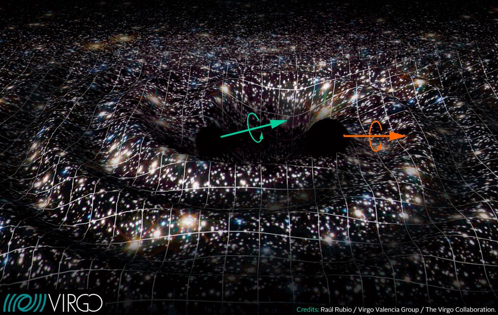 As colisões entre buracos negros resultam em ondas gravitacionais que retiram parte da energia cinética dos objetos, resultando em decaimento orbital que pode levar a outra colisão caso o sistema original consista de três buracos negros (Imagem: Reprodução/Raúl Rubio/The Virgo Collaboration)